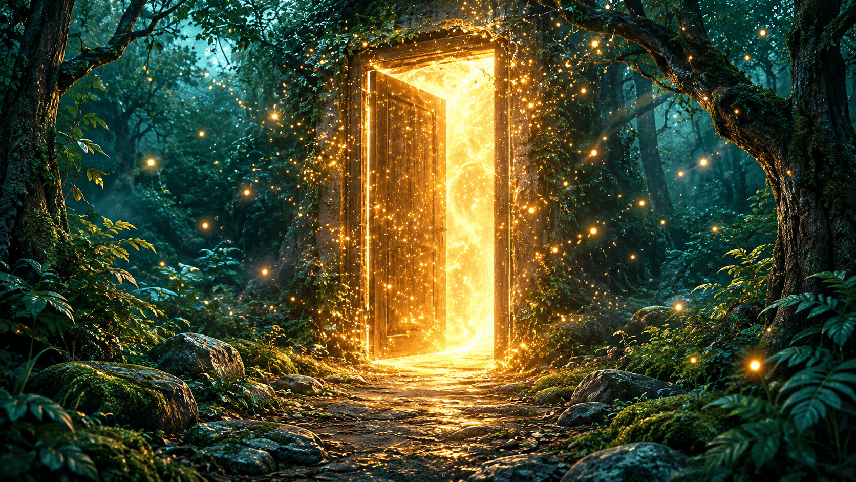 A glowing golden doorway opens onto a forest path, inviting you into your healing journey.